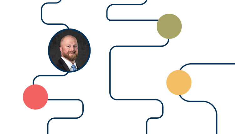 Illustration of pathways with photo of Josh Lankford (’13, M.E.T.D.)