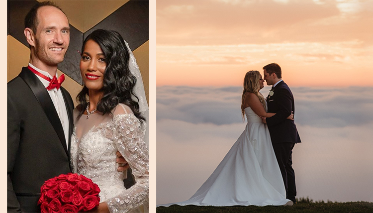 Wedding photos from left: ’97 Mark Van Loan and Claudia Odalis Flores Contreras and right: ’11 Cathy Caputo and Evan Cooper.