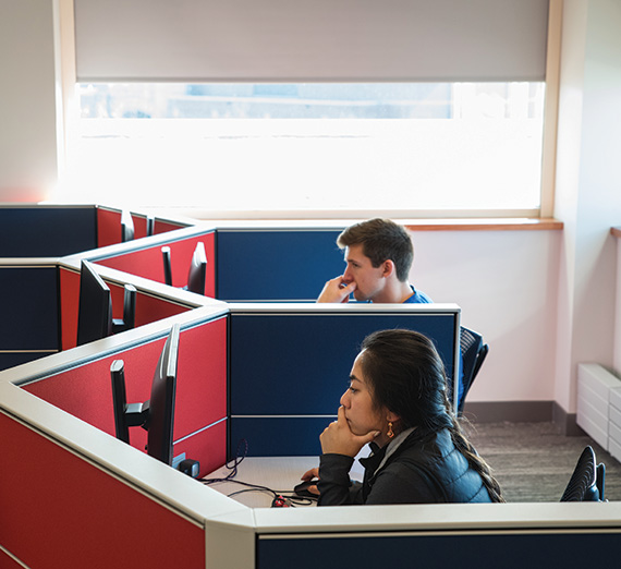 Student athletes studying in the Volkar Center.