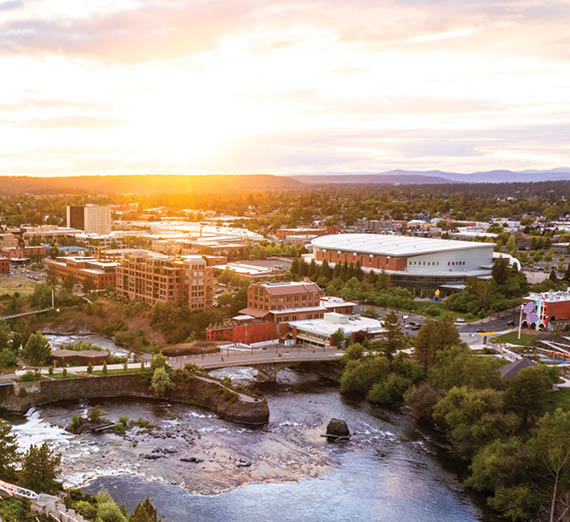 Aerial view of Riverfront Park in Spokane at sunset.