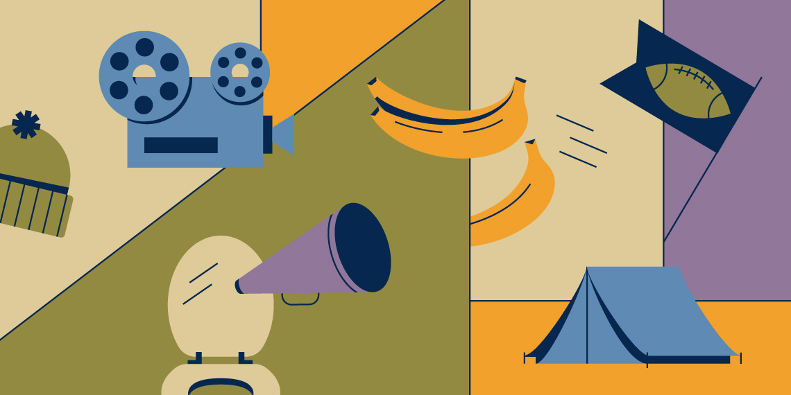 Illustration featuring a film camera, megaphone, bananas, football flag, winter hat, and a tent, all arranged in a colorful, abstract pattern.