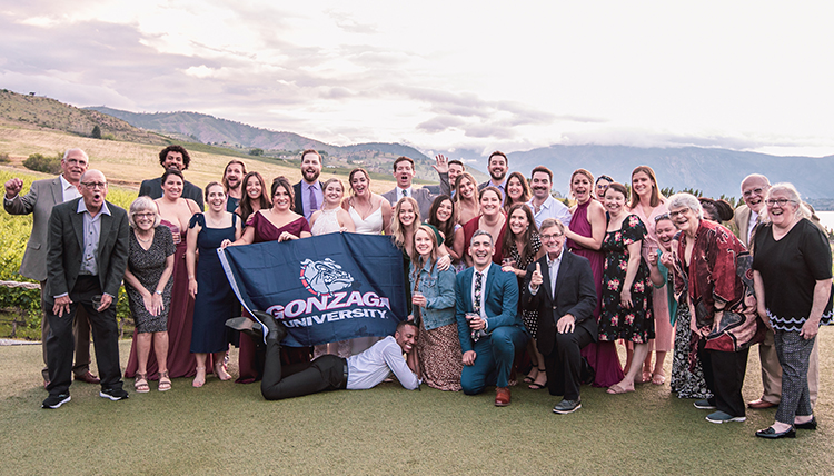 ’13, ’14 Jacqie Evenson and ’16 Lauren May's wedding portrait.