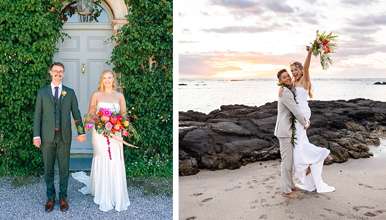 ’17, ’20 J.D. Holli Higgins and ’20 J.D. Brad Lyman and 20, ’21 M.A. Erin Johnson and ’20 Cole de Silva's wedding portraits.