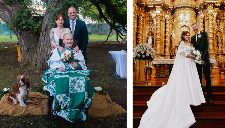 ’09 Forrest Smith and Catherine Reynolds and ’13, ’19 M.B.A. Fernanda Maria Valencia and Daniel Shannon's wedding portraits.