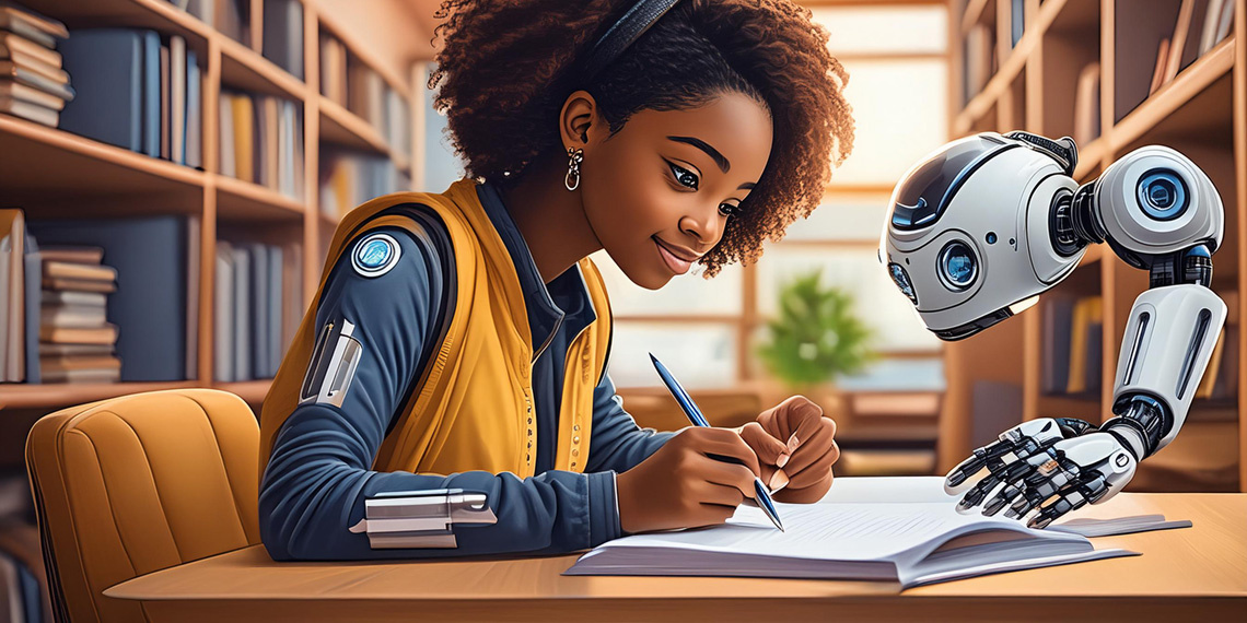Be Your Own Best AI Detector Hero Image of a college student having a robot telling them how to write their paper