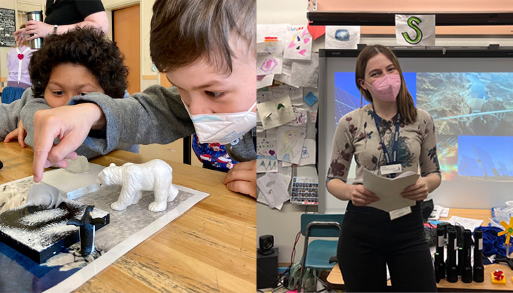 2nd graders at Mullan Road Elementary on the left and Climate Literacy Fellow Nina Berry preparing to demonstrate the variety of lessons on the right 