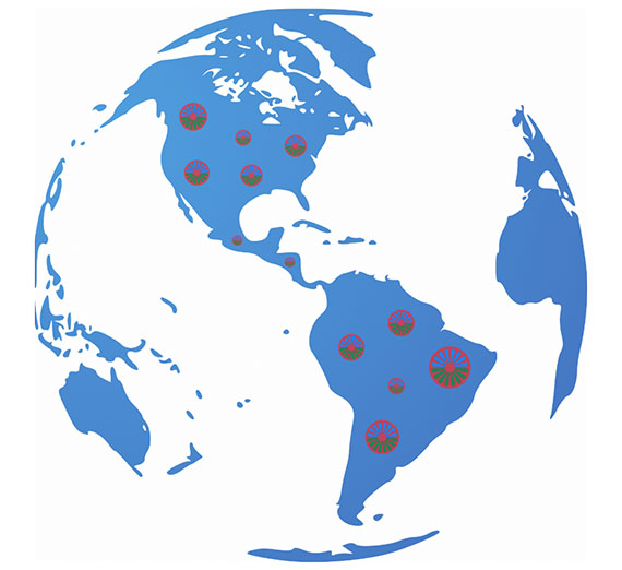 A globe graphic design including dots signifying spots of Romani history
