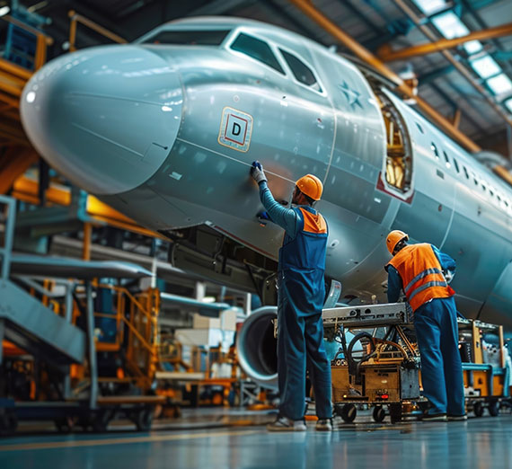 Two workers work on the nose of an under-construction airplane