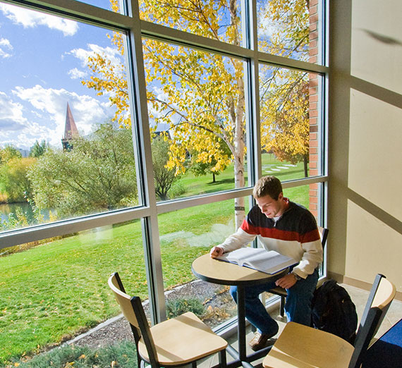 A male students reads a book next to a window