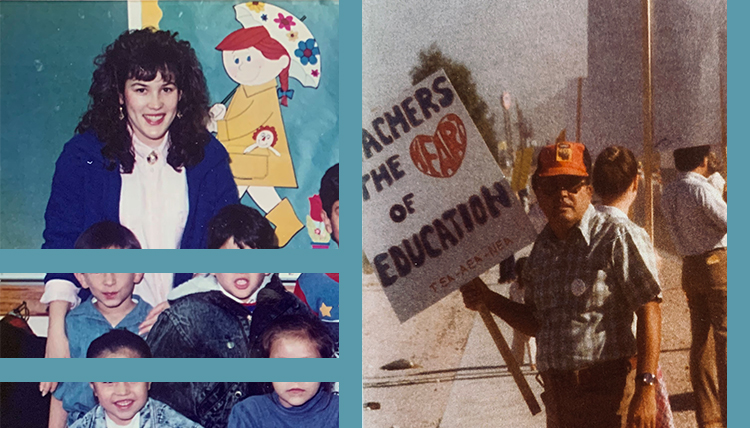 Yoli Gallardo with her students in 1989; Her father, Ruben, during the 1978 teacher strike in Tucson, AZ