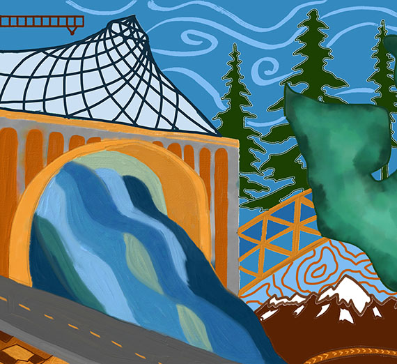 portion of mural showing artist rendition of water under Monroe Street Bridge and the Pavilion netting.