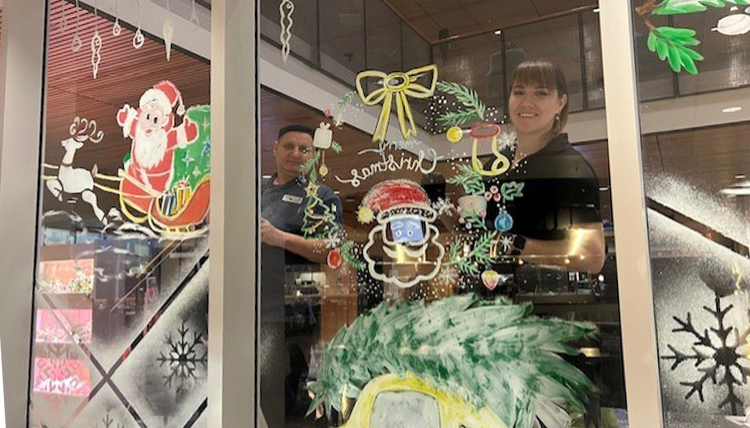 Art on the windows of Gonzaga's cafeteria.