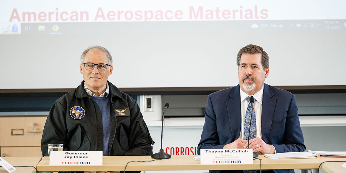 Washington State governor Jay Inslee and Gonzaga's president Thayne McCulloh at the Tech Hub Consortium.