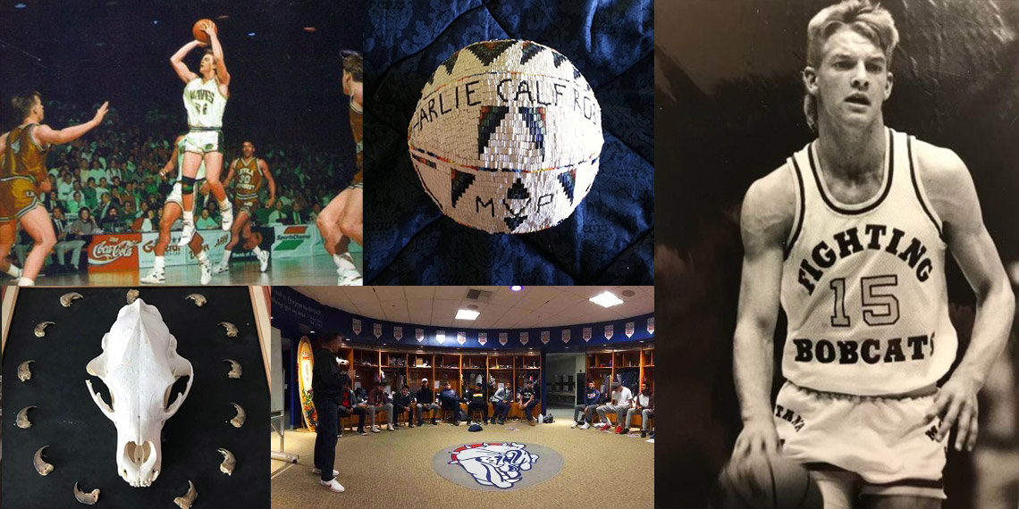 A collage of photos depicting Shann Ferch's life in basketball.