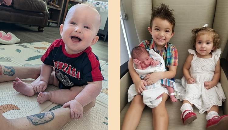 To the left, a baby smiles. To the right, an older brother holds his newborn baby sibling.