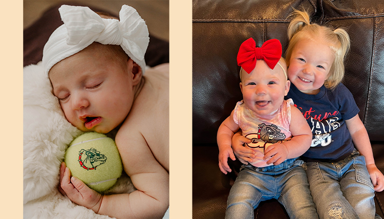 Two photos of little babies, one holding a tennis ball and the other with a big red bow.