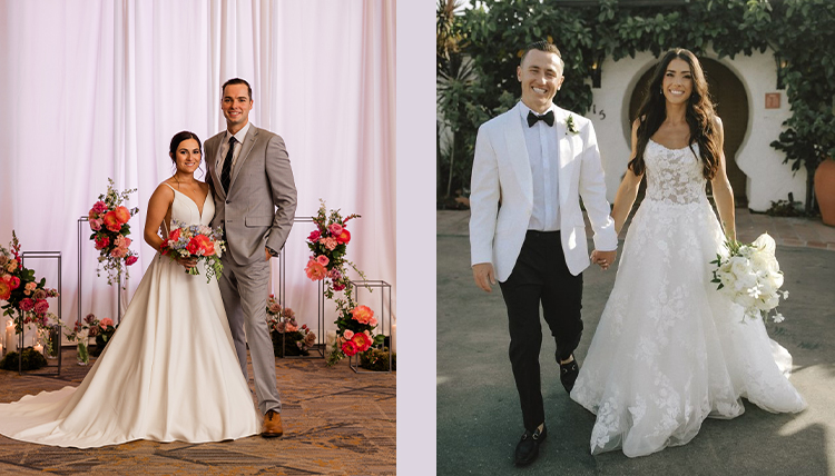 Two couples, side by side, on their wedding days.