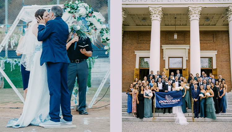 A split photo of two different couples getting married.