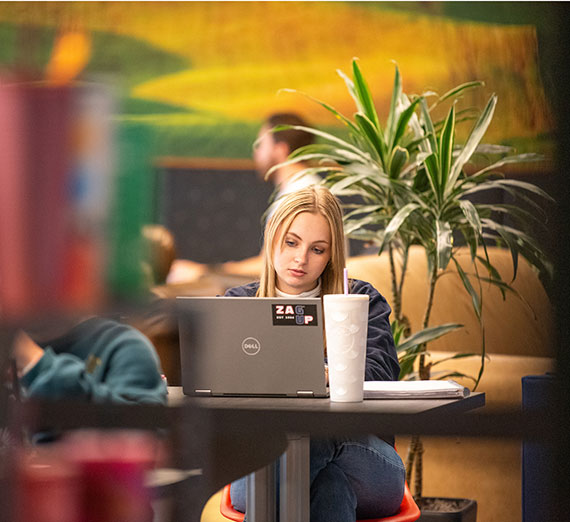 Student doing homework at Hemmingson Center table.