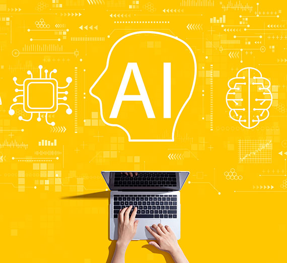 A student using a laptop, with the words AI above it on a yellow square.