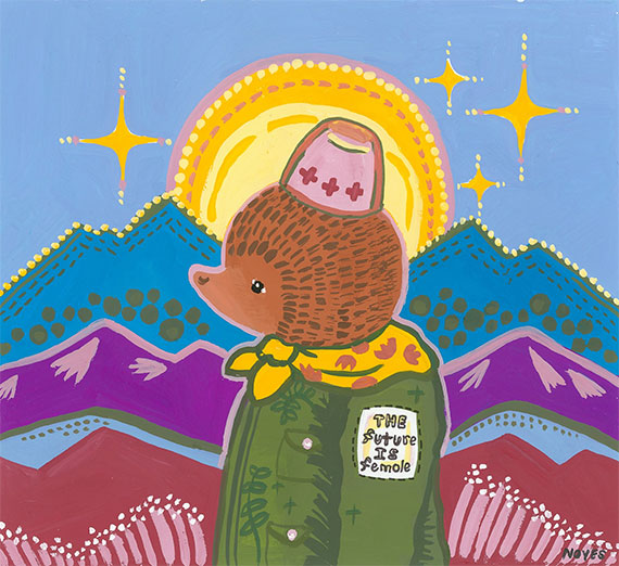 Colorful graphic of a personified hedgehog going through the mountains.