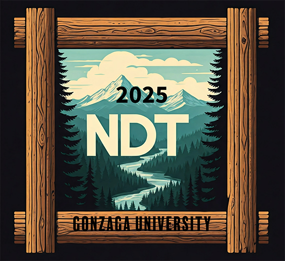 An illustration of a mountain and river with the words 2025 NDT Gonzaga University