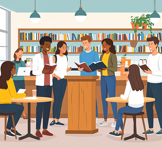 A cartoon image of people standing around a young man at a podium