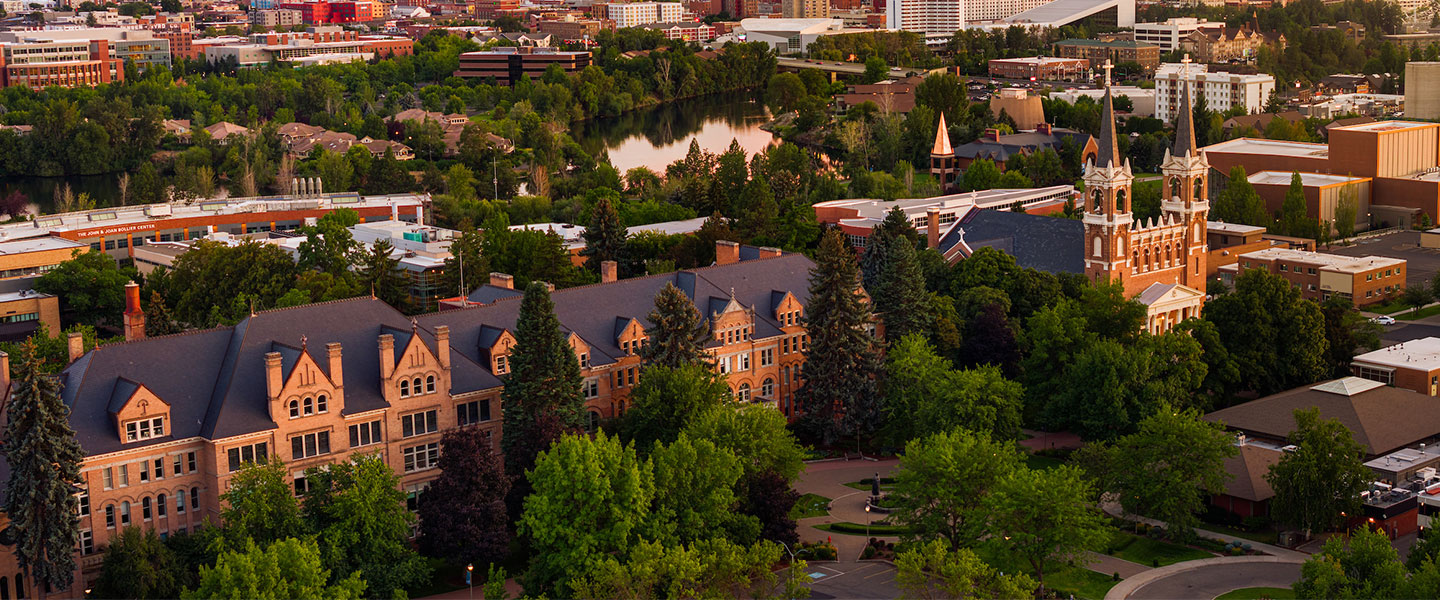 Aerial shot of College Hall St. Als church and Myrtle Woldson Performing Arts Center