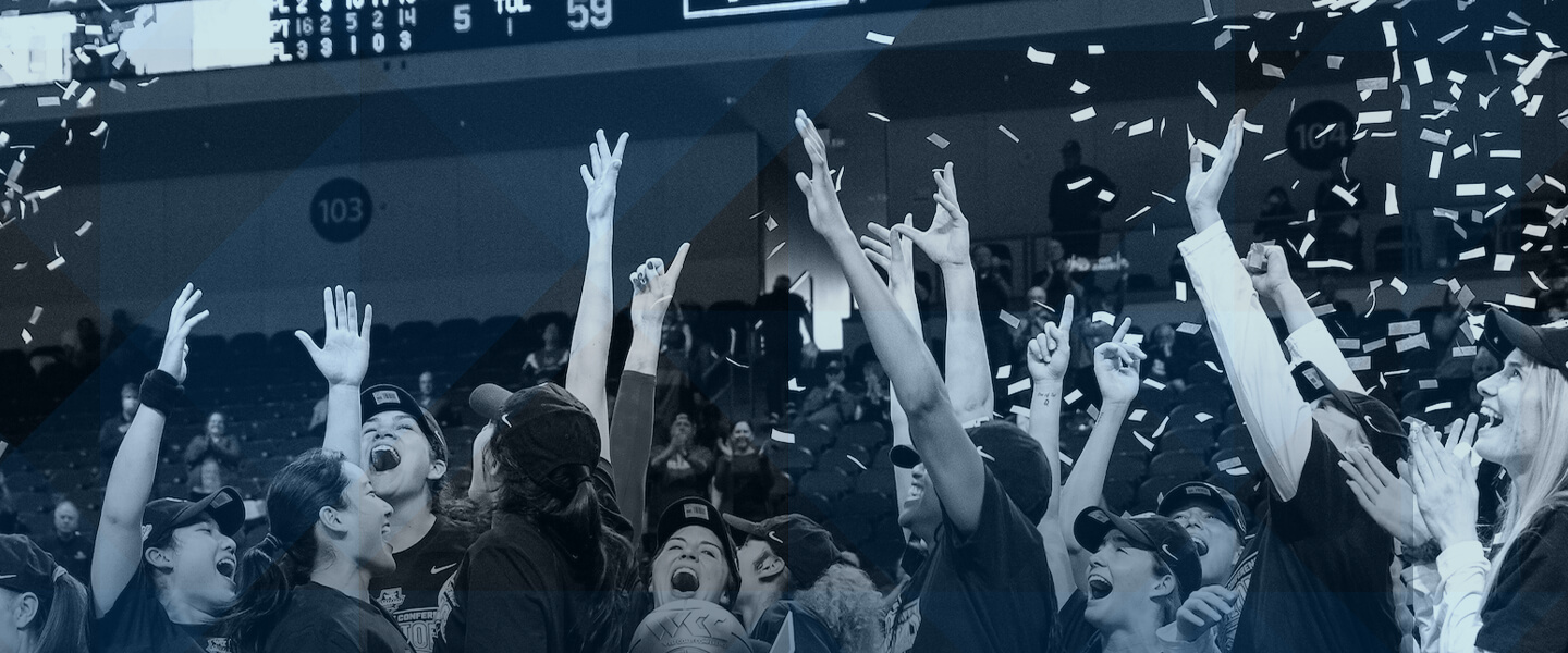 The women's team celebrates their 2022 WCC Tournament win.